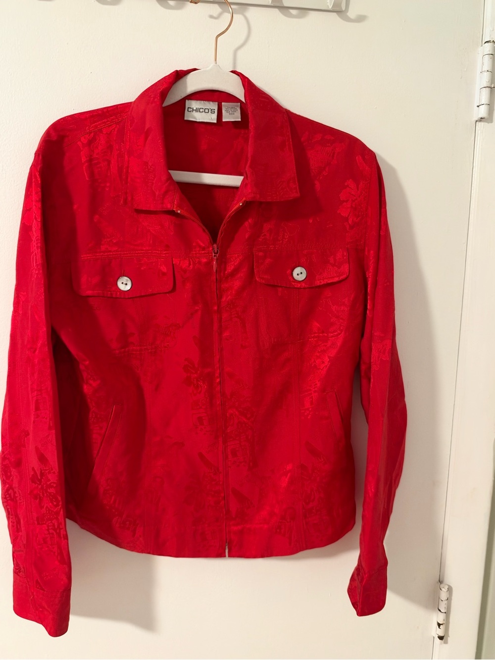 Chico's Red Floral Jacquard Zip Front Jacket Size 0